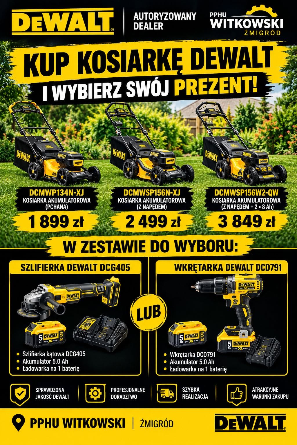 PPHU Witkowski, kosiarka DeWALT w promocji, DeWALT DCMWPP134N-XJ, DeWALT DCMWSP156N-XJ, DeWALT DCMWSP156W2-QW